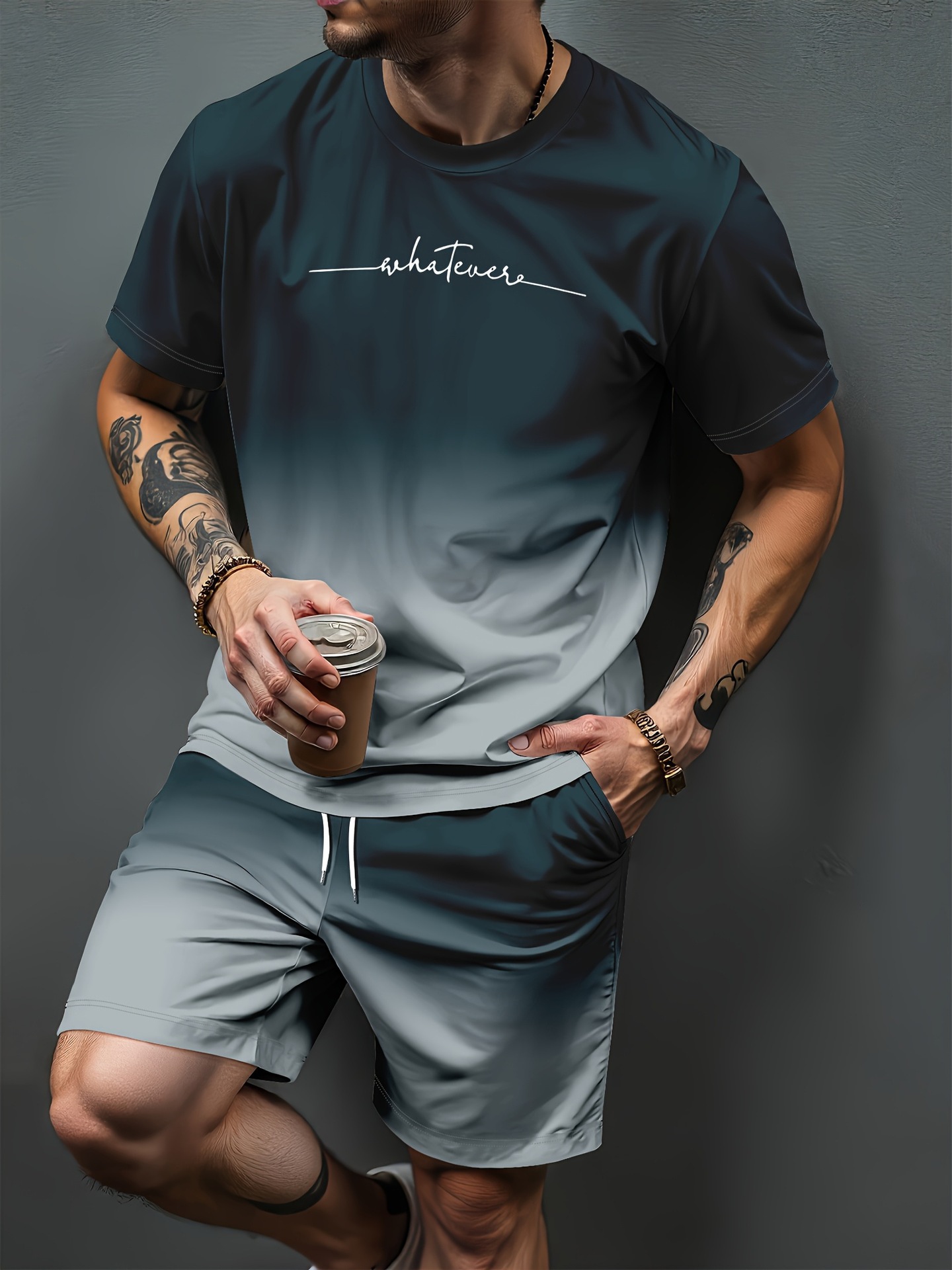 Summer Clothing Sets Men - Pola Huruf Gradien Cetak 3D Setelan