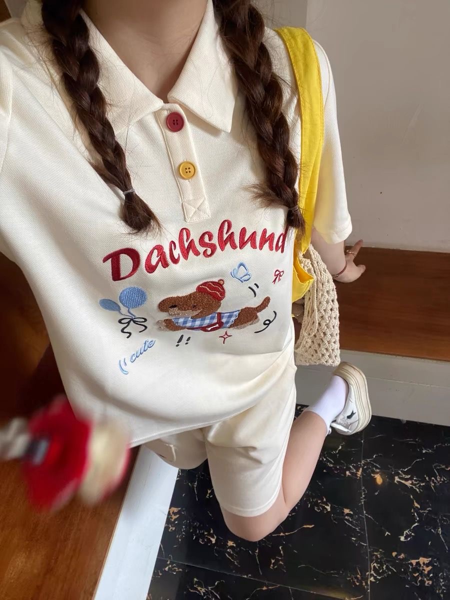 Summer Clothing Cartoon - Kaus Polo Gaya Jepang Anjing Bordir
