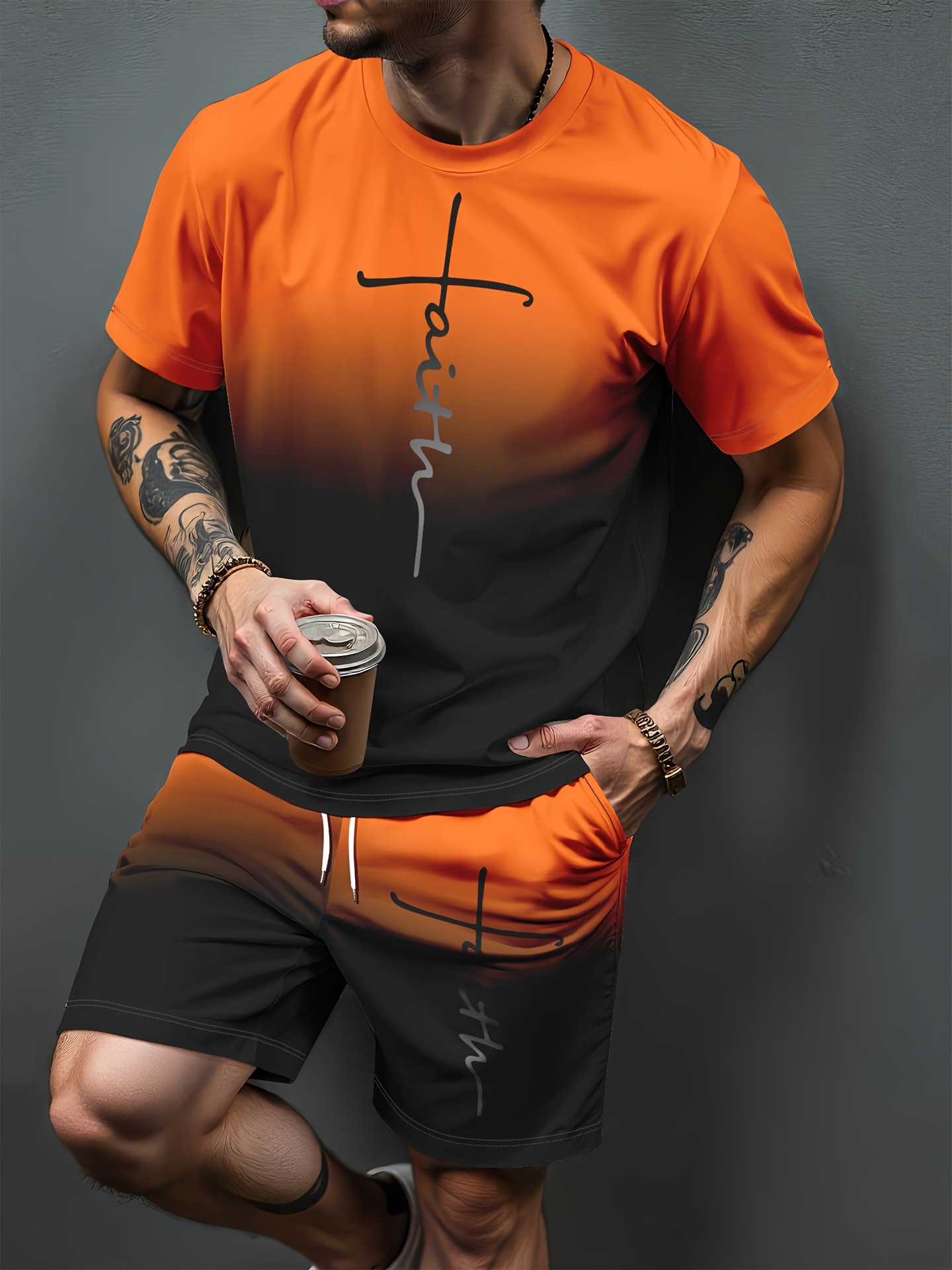 Pola Huruf Gradien Cetak 3D Se - Summer Clothing Sets Men ulasan dan harga